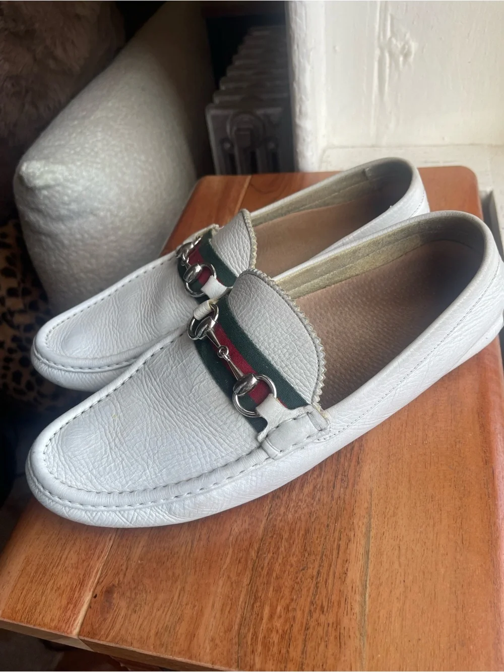 Gucci White Leather Slip-On Loafers with Green & Red Web
